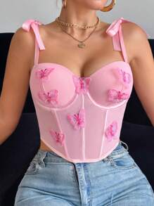 SHEIN 1 件女士不对称下摆蝴蝶贴花紧身性感文胸 - 粉色 - 查看 3