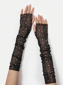 SHEIN ICON 女士仿珍珠网眼袖套，时尚日常穿着 - 黑色 - 查看 7