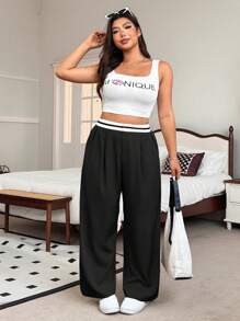 SHEIN EZwear Calça Casual de Perna Larga com Bolso e Bloco de Cores Plus Size para Verão, Formatura, Volta às Aulas, Roupas de Professora para Mulheres, Calça de Cintura Alta, Calça Larga de Cintura Alta, Casual Elegante para Mulheres no Outono/Inverno