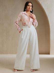 Anewsta New Fashion Plus Size Women Turn-Down Collar Single Row & Floral Print Shirt, Spring