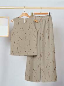 SHEIN Clasi 2 件套女士休闲简约仿羽毛图案服装，适合夏季度假、海滩、派对 - 彩色 - 查看 2