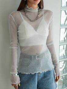 DAZY Top transparente con cuello de tortuga, recorte de lechuga y sin sujetador