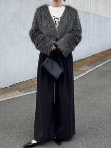 FRIFUL 女士人造毛皮开襟大衣，时尚秋冬夹克人造毛皮大衣 - 卡其色 - 查看 2