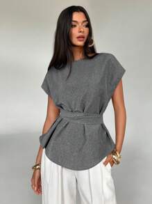 Aloruh Women's Simple Solid Color Linen-Like Blouse - Dark Grey - View 3