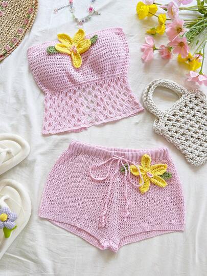 Soleia Women Elegant Crochet Floral Halter Backless Top And Mini Shorts Set, Suitable For Spring Summer Casual, Beach, Wedding, Graduation, St. Patrick's Day, Spring Break, Easter, Music Festival