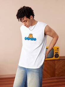 GARFIELD | SHEIN 男士开学季宽松宽肩卡通图案百搭白色背心 - 白色 - 查看 6