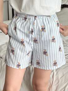 Dazy Kids Tween Girls Teddy Bear Striped All-Over Print Shorts Loungewear Set, Summer - Blue - View 2