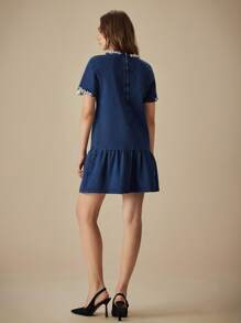 SHEIN LUNE Women's Elegant Diamond Decor Denim Midi Dress, Summer - Blue - View 2