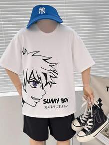 SHEIN 青少年男孩休閒印花圓領T恤和針織短褲套裝 - 黑色 - 查看 1