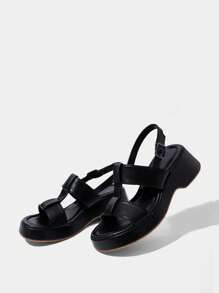 HighSole Modische, bequeme schwarze Plateau-Sandaletten mit Riemen und rundem Zehenbereich für Damen