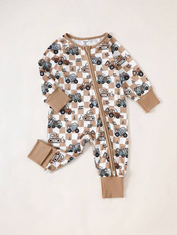 Baby Boy Checkerboard Print Construction Truck Romper Baby Boy Zipper Romper Baby Boy Zipper Jumpsuit Baby Construction Truck Romper