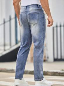 Manfinity VCAY 男士休闲破洞弹力锥形牛仔裤 - 藍色 - 查看 8