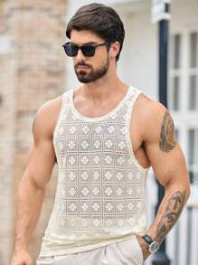 Manfinity BRENVOR 男士休闲菱形图案提花针织修身无袖背心 男士钩针背心 男士夏季背心 男士背心 节日网眼男士上衣 男士钩针背心 - 米色 - 查看 4