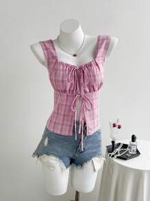 SHEIN Unity Women's Playful Check Print Tie-Up Shirt - Pink - View 1