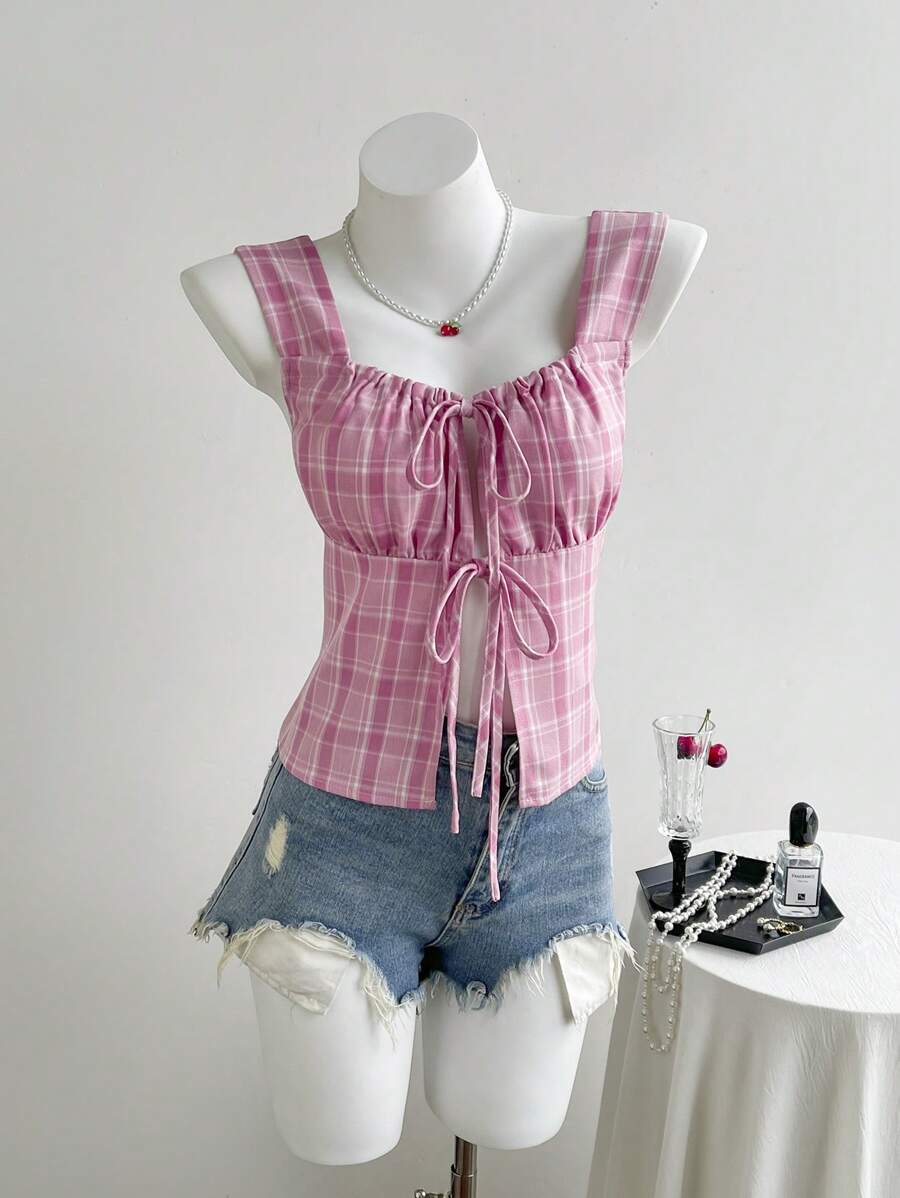 SHEIN Unity Women's Playful Check Print Tie-Up Shirt - Pink - View 1