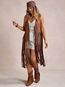 Freevana Autumn/Winter Brown Tassel Bohemian Style Country Music Festival Long Sleeveless Women Casual Coat Vacation Outfits Woman Vacation Outfits Woman