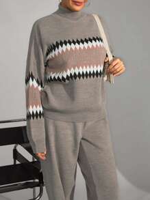 SHEIN Cottnline Plus Size Women's Geometric Pattern High Neck Sweater 2pcs/Set, For Winter - Multicolor - View 5