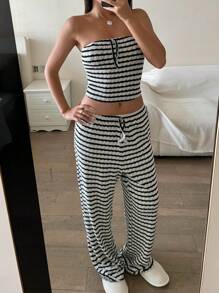 SHEIN Teenager Mädchen BM Stil marineblau & weiß gestreifter Bandeau-Top mit Schleife und weite Hose Set, Lässig, Zuhause, Urlaub - Blau-Weiß - Übersicht 5