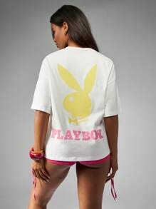 Missguided x Playboy 棉质超大 T 恤图案印花 T 恤夏季周末休闲街头风格家居服时尚 T 恤