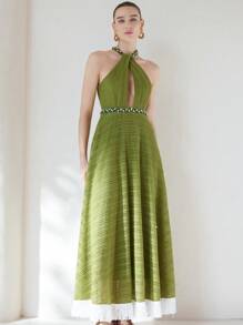 SHEIN Privé Váy suông trễ vai tua rua hở lưng hở eo sang trọng cao cấp phong cách Pháp thanh lịch cho kỳ nghỉ của phụ nữ - màu xanh lá - Xem 5