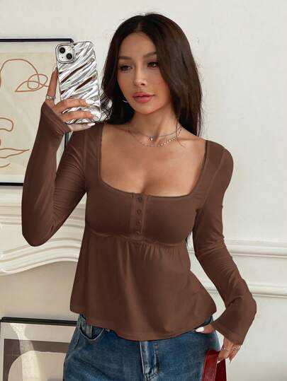 SHEIN EZwear Women Amilitary Green Front Button Long Sleeve Casual Shirt,Fall,Winter