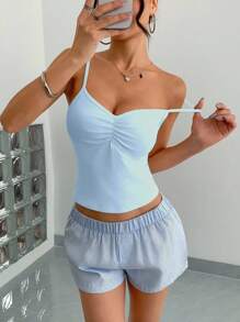 Jouncy 女士纯色褶皱修身性感吊带背心，夏季 - 藍色 - 查看 5