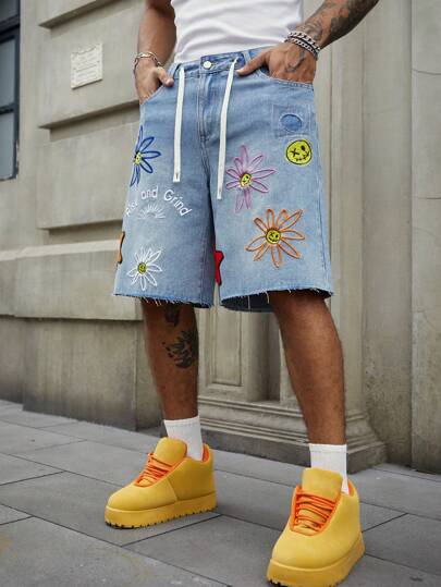 Street Life Men's Summer Casual Floral Embroidery Denim Shorts