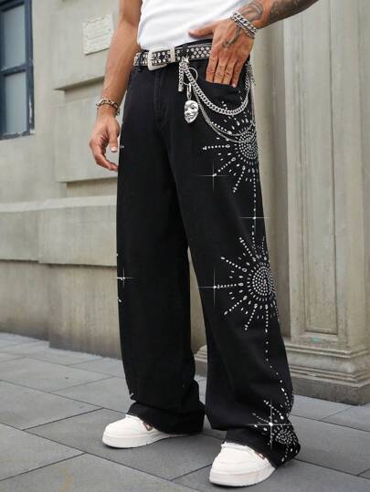Street Life Jeans en denim ample et lâche pour hommes avec motif de strass brillants