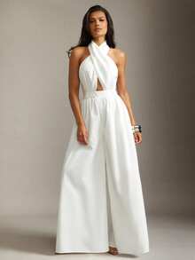 Hauture Elegant White Summer Formal Jumpsuit For Women,Old Money Business Casual Cross Front Halter Wide Leg Romper,Chic Minimalist Evening Office Outfit - White - View 1