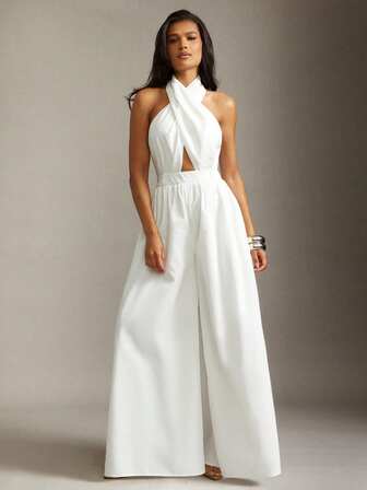 Hauture Mono ancho de mujer casual de oficina con frente cruzado y cuello de halter, estilo básico