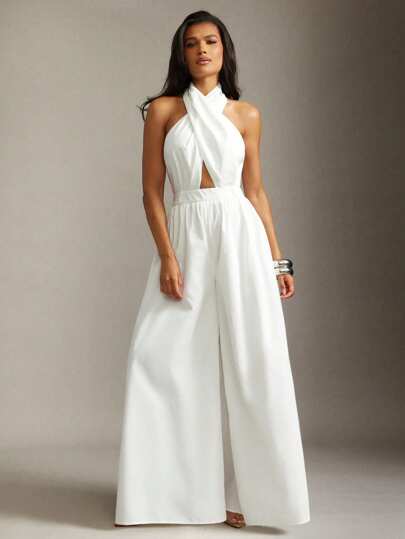 Hauture 女士基本款休闲办公室复古款交叉前挂脖阔腿连体裤