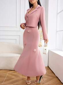 Modelyn 女士 3D 花朵装饰吊带裙和长袖西装外套优雅套装 - 粉色 - 查看 5