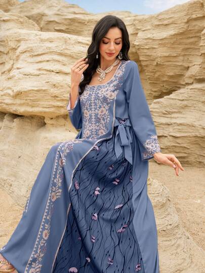 Al Najma 女士优雅方领蝴蝶拼接浪漫朴素土耳其和阿拉伯风格长款束腰外衣