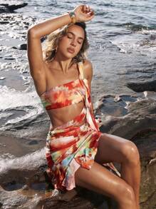 Opulessa Summer Beach Vacation Outfits Women's All-Over Print Hollow Out Ruffle Hem Sexy Sleeveless Mini Dress,Birthday Dresses For Women,Club Outfits Women Sexy