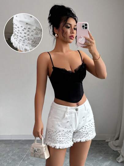 Elenzga 女士时尚钻石设计流苏下摆牛仔短裤，夏季