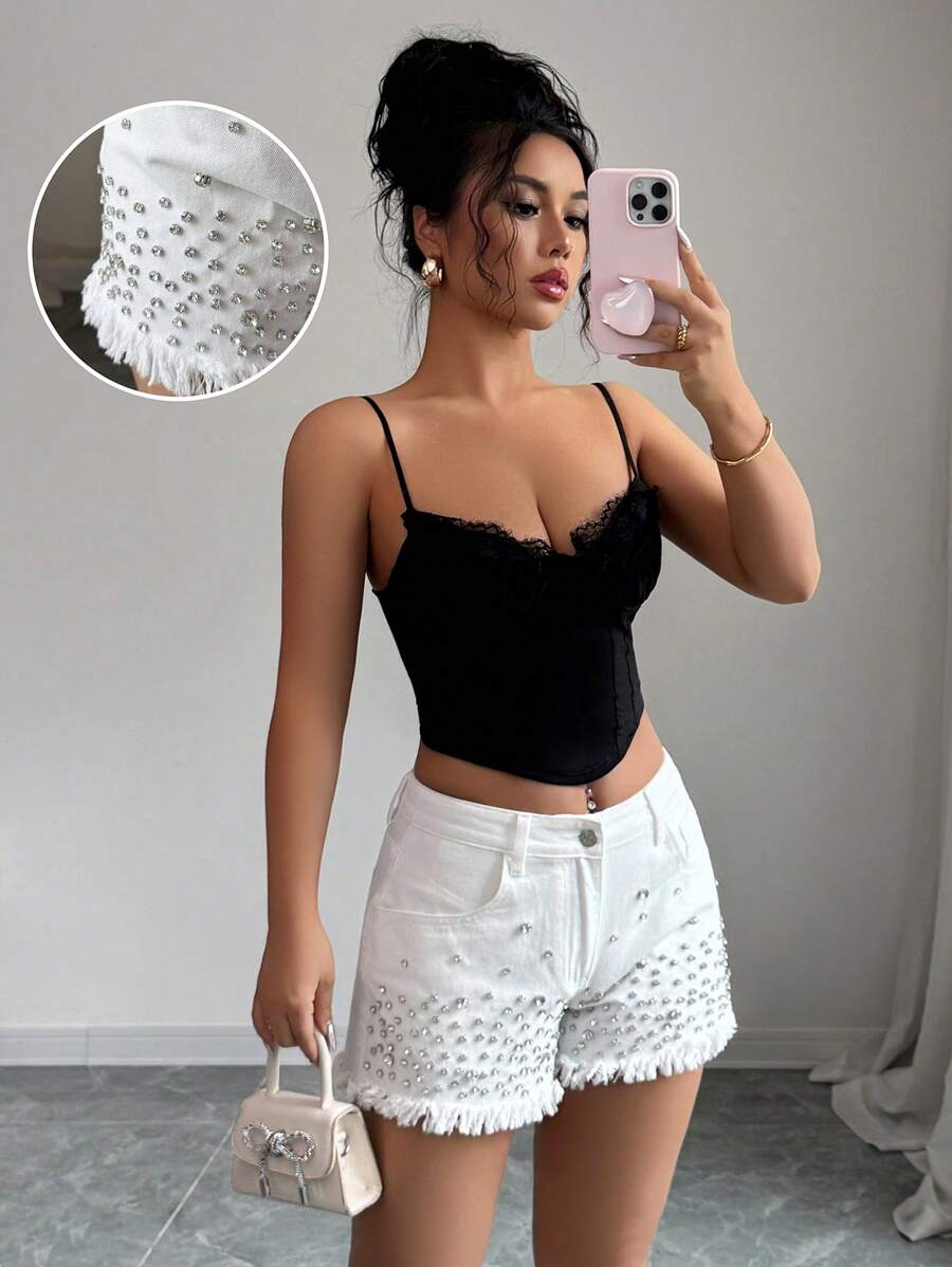 Selianne Short en jean à franges avec design diamant pour femme, été - Blanc - Voir 1