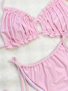 Bonvoyette Women's Solid Color Halterneck Spaghetti Strap Ruffled Edge Summer Bikini Tankini Swimwear - Pink - View 3