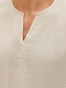 Genlund Conjunto de top de manga corta con cuello en V y pantalones de unicolor minimalista de uso diario para hombres, conjunto de pantalones de lino para hombres, conjunto de ropa de lino para hombres - Albaricoque - Ver 3