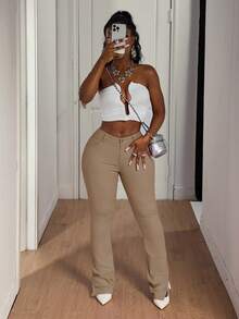 SHEIN SXY Quần Jeans Nữ Ống Loe Thường Ngày Đa Năng - Màu be - Xem 7