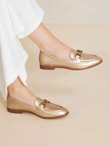 MOTF PREMIUM PU LEATHER ROUND TOE FLAT LOAFERS FOR CHRISTMAS - Gold - View 7