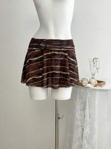 SHEIN Unity 女式夏季复古 Y2K 度假简约性感网眼印花树脂纽扣装饰低腰迷你裙 - 棕色 - 查看 1