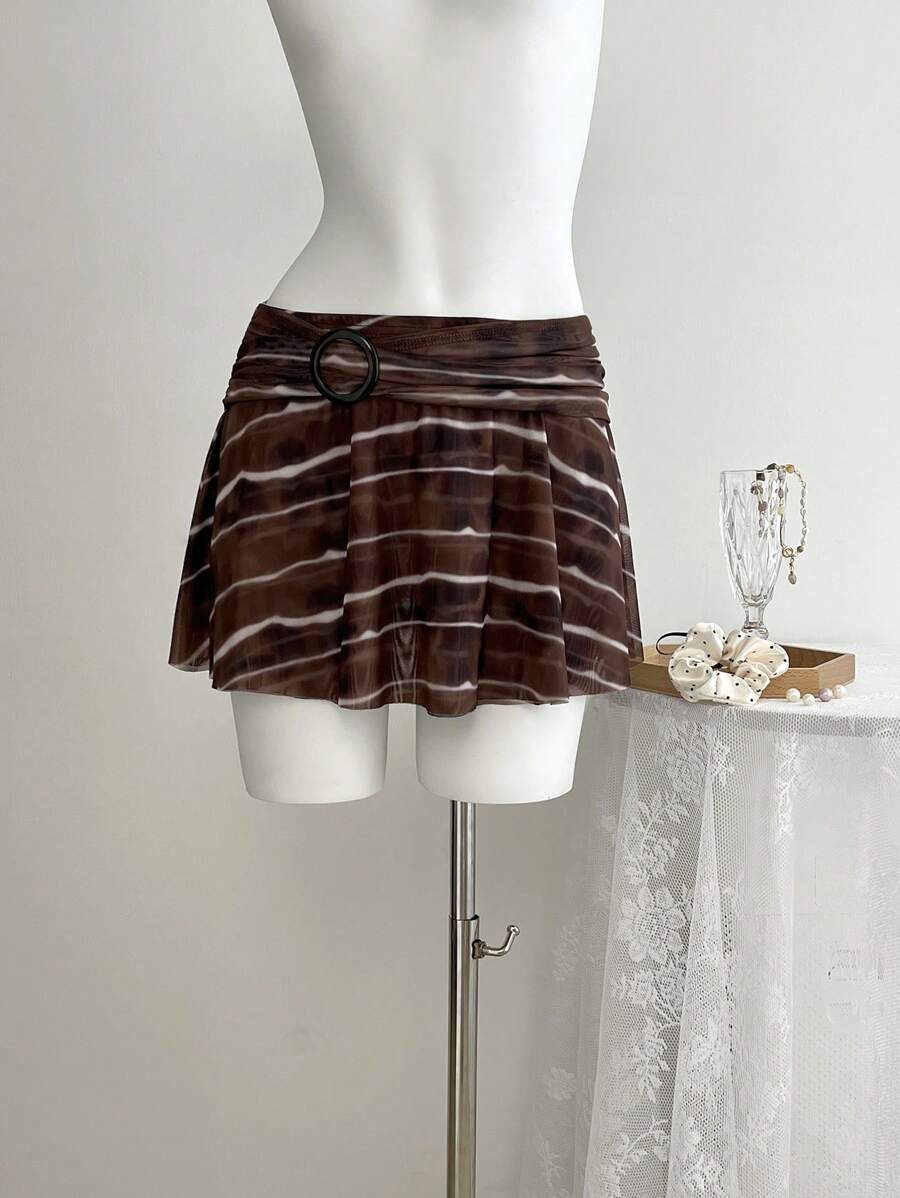 SHEIN Unity 女式夏季复古 Y2K 度假简约性感网眼印花树脂纽扣装饰低腰迷你裙 - 棕色 - 查看 1