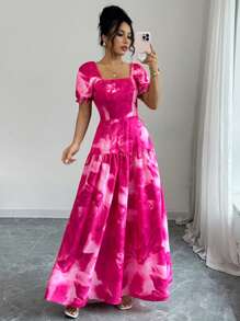 Chiquease 花卉印花腰部抽绳拼接 A 字型女式泡泡袖短袖荷叶边下摆休闲连衣裙