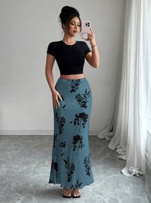 Elenzga Women's Elegant Floral Print Fishtail Hem Skirt - Blue - View 1