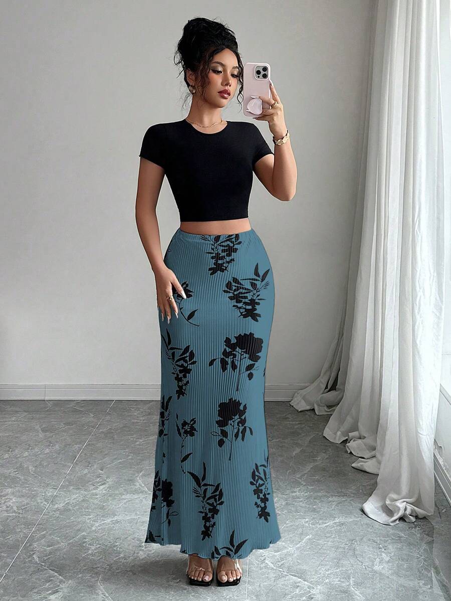 Elenzga Women's Elegant Floral Print Fishtail Hem Skirt - Blue - View 1