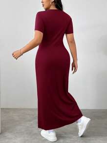SHEIN EZwear 夏季大码优雅纯色修身连衣裙 - 酒紅色 - 查看 2