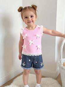 SHEIN 2pcs Young Girl Casual Set: Round Neck Lace Trim Sleeve Top And Denim Shorts - Pink - View 3