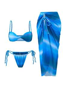 Swim SXY Bộ 3 món/Bộ đồ bơi dây mảnh bện ombre mùa hè mới cho nữ, quần short và váy đi biển Bikini - Nhiều màu - Xem 4