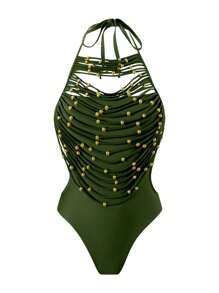 Swim Chiccia Springbreak Women Scoop Neck Halter Solid Crochet Metal Beaded Tassel Monokini, Festival Boho For Summer Beach Vacation - Army Green - View 3