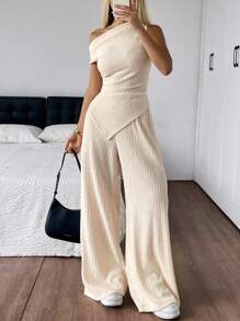 SHEIN EZwear 女士提花针织斜肩褶饰 T 恤和裤子套装 - 杏色 - 查看 3